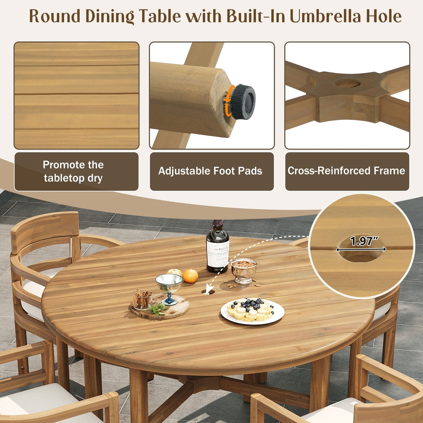 5 Piece Round Patio Table & Cushioned Armrest Chairs, Outdoor Dining Set With Umbrella Hole