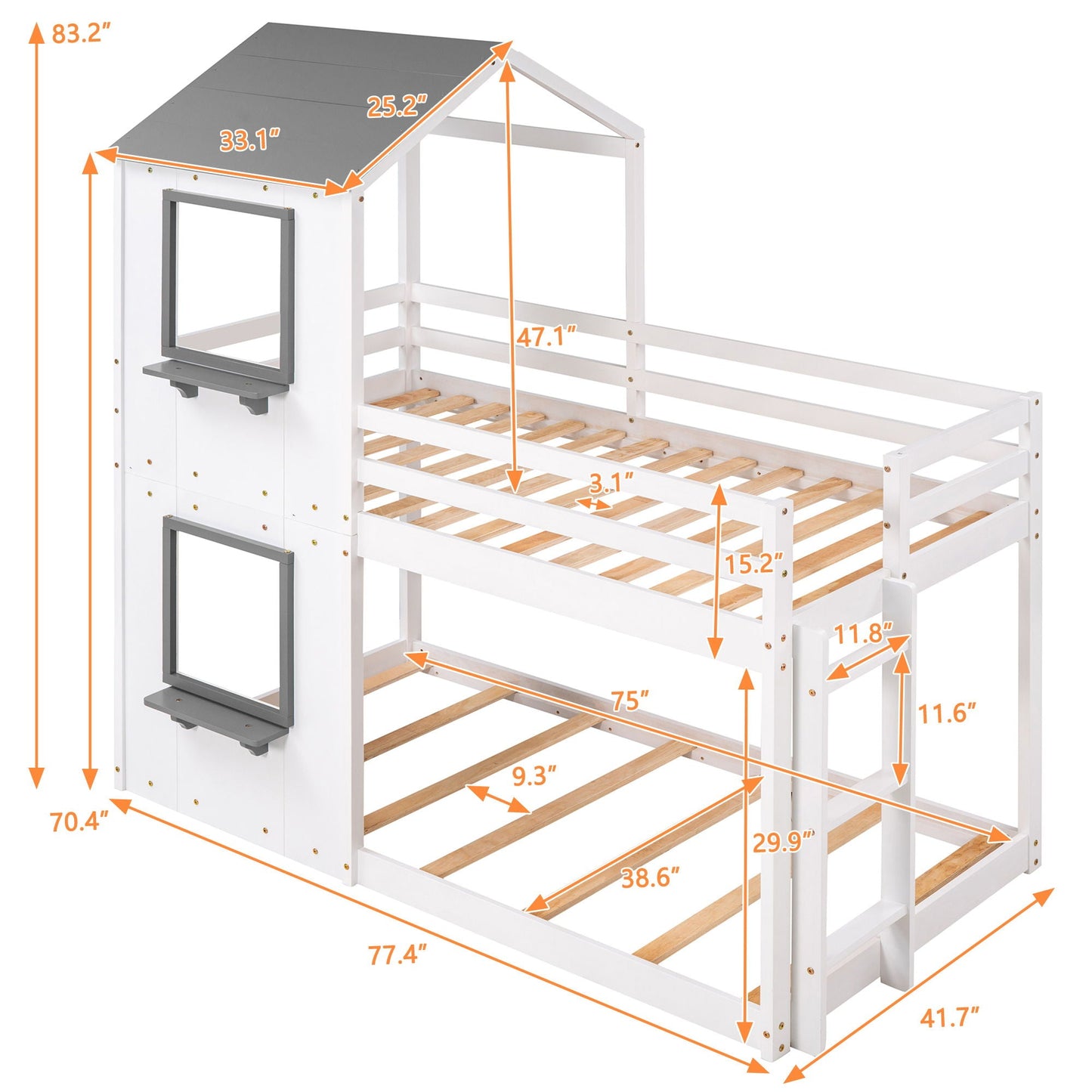 Bunk Bed Wood Bed & Roof, Window, Guardrail, Ladder