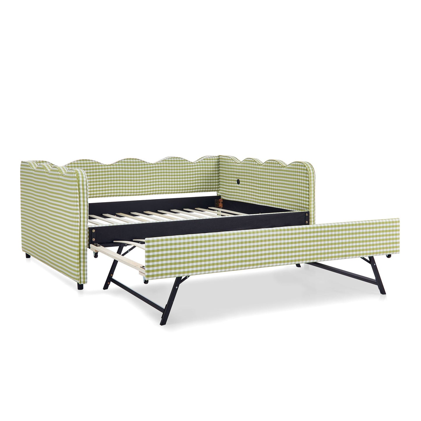 Gingham Daybed With USB Charging Port, Wave-Shaped Design