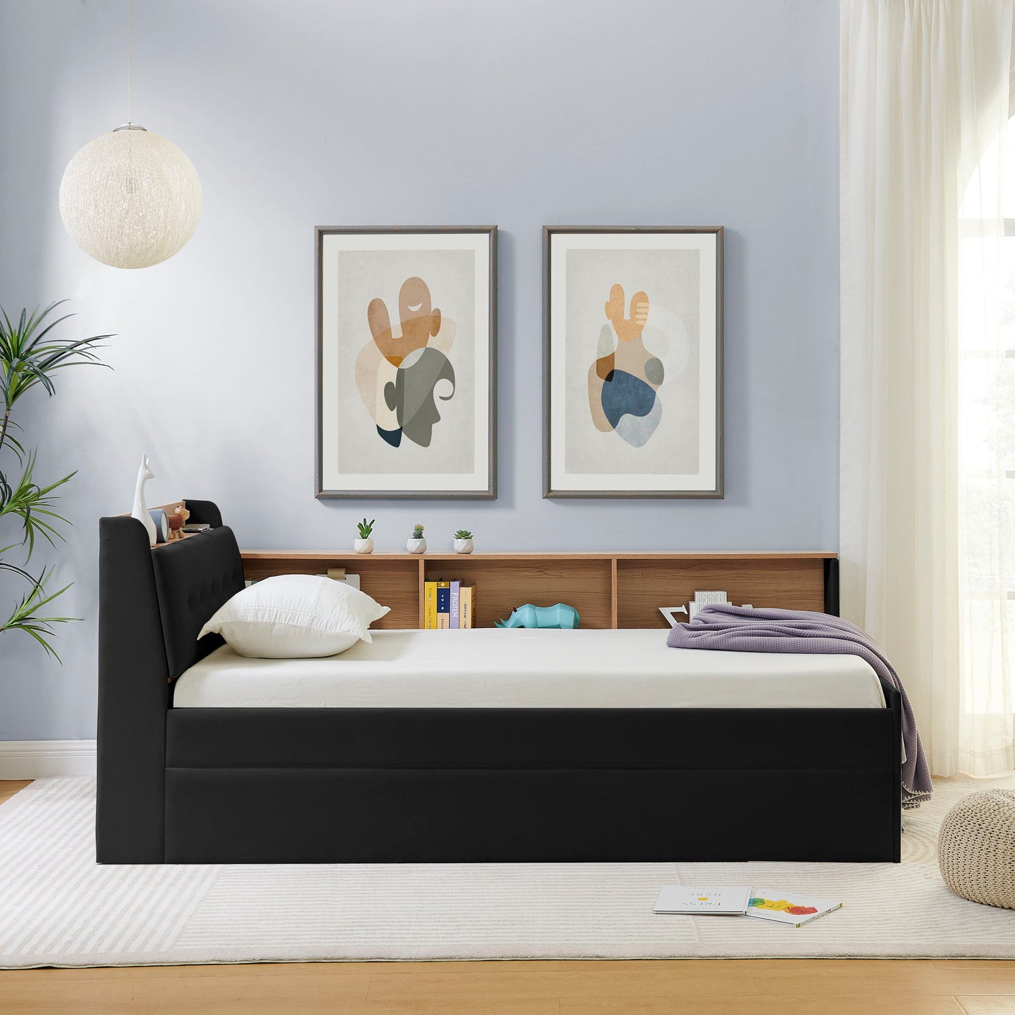 Upholstered Daybed With Storage Headboard, Wireless Charging, LED Lights