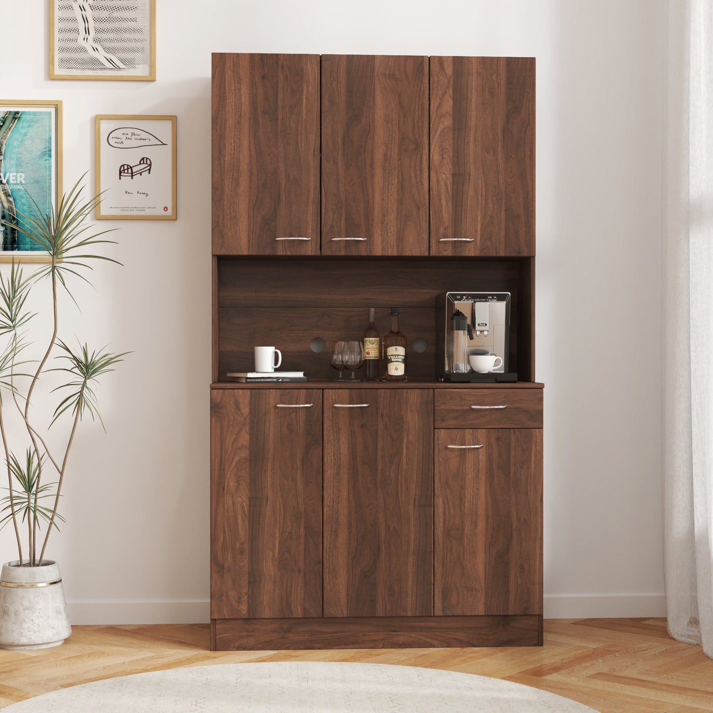 70.87" Tall Wardrobe & Kitchen Cabinet with 6 Doors, Drawer, and Open Shelf