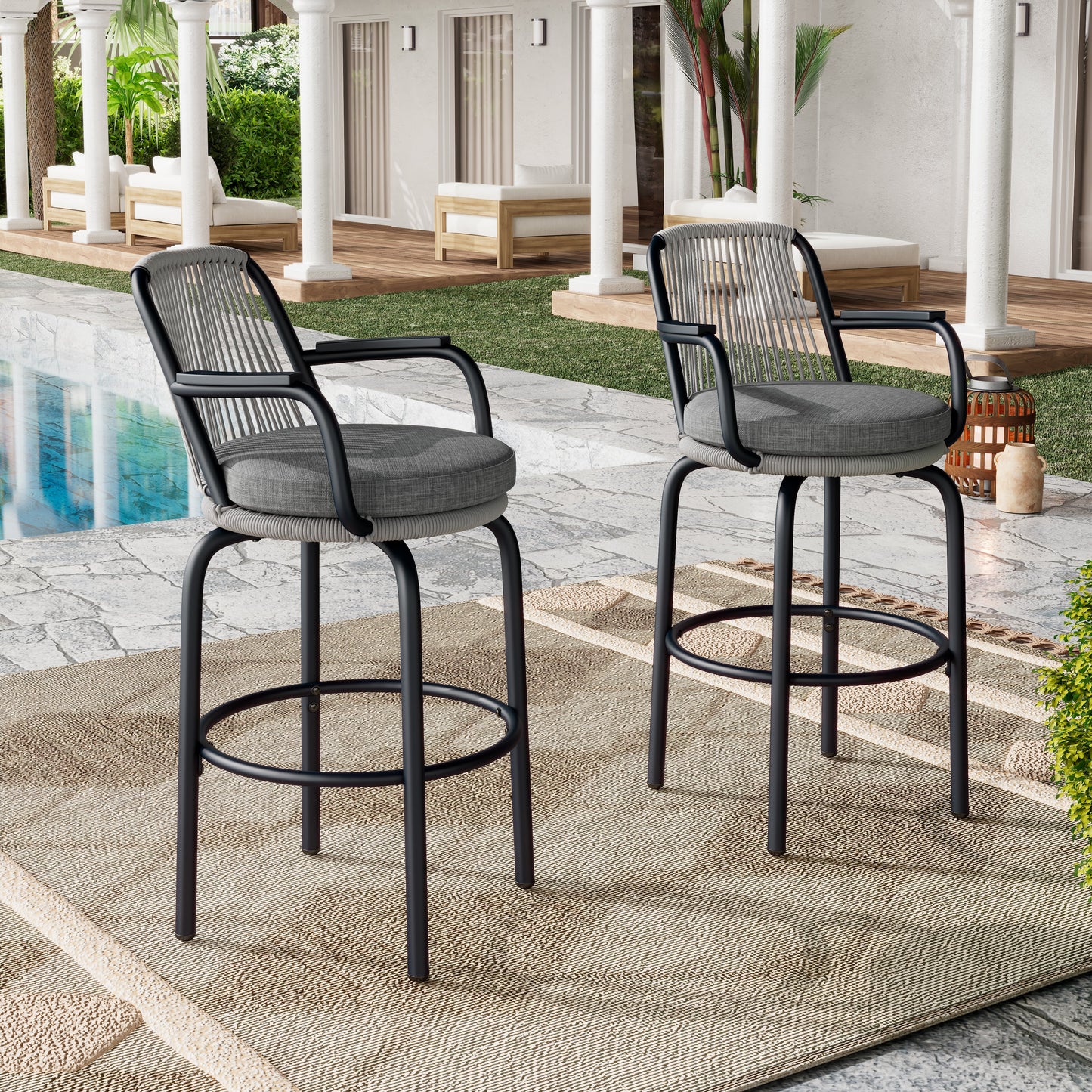 Outdoor Patio Bar Stools 29"H Set of 2, Modern Woven Rattan Rope Bar Height Chair