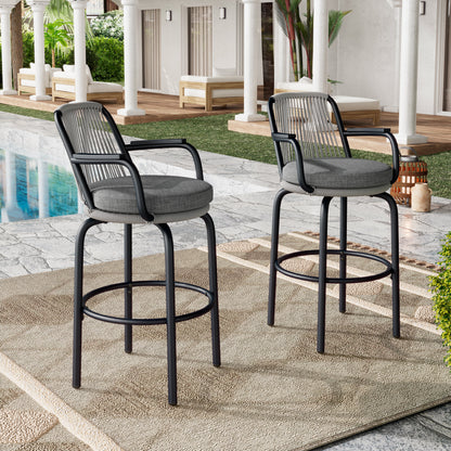 Outdoor Patio Bar Stools 29"H Set of 2, Modern Woven Rattan Rope Bar Height Chair