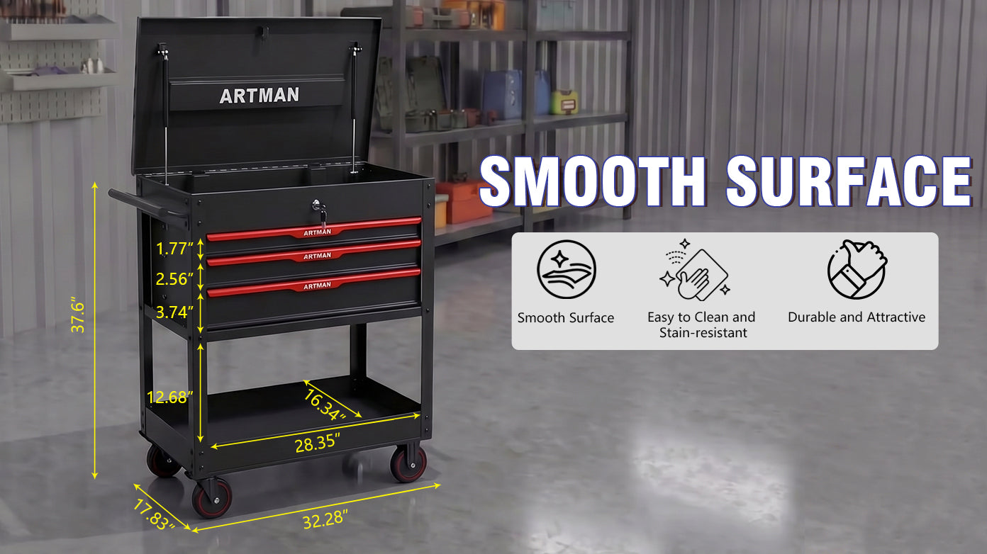 3 Drawers Multifunctional Tool Cart with Wheels and Steel Top - Black & Red