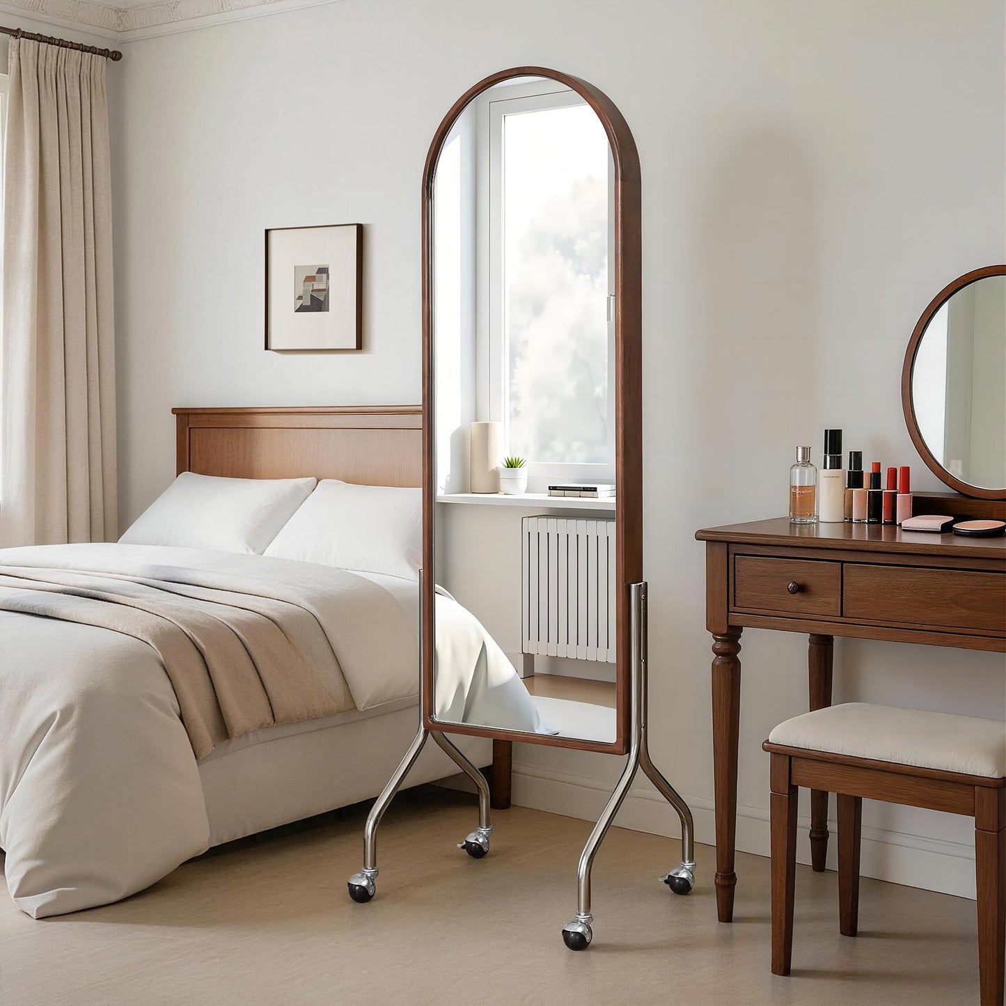 Arched Full Length Mirror with Storage Shelves & Wheels