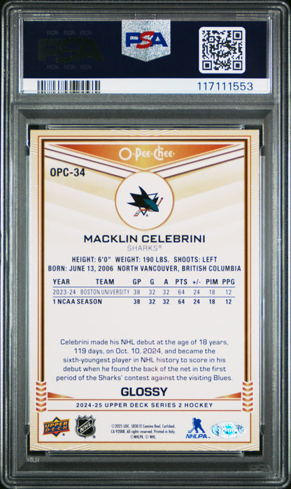 Graded 2024 Upper Deck Macklin Celebrini #OPC34 O-Pee-Chee Glossy Gold Rookie RC Hockey Card PSA 10 Gem Mint