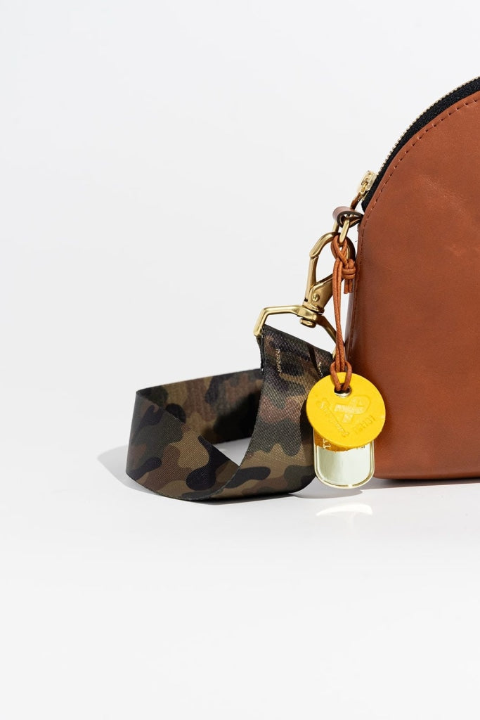 Hopper | Riveter Tan Leather Crossbody Bag with Camo Webbed Strap