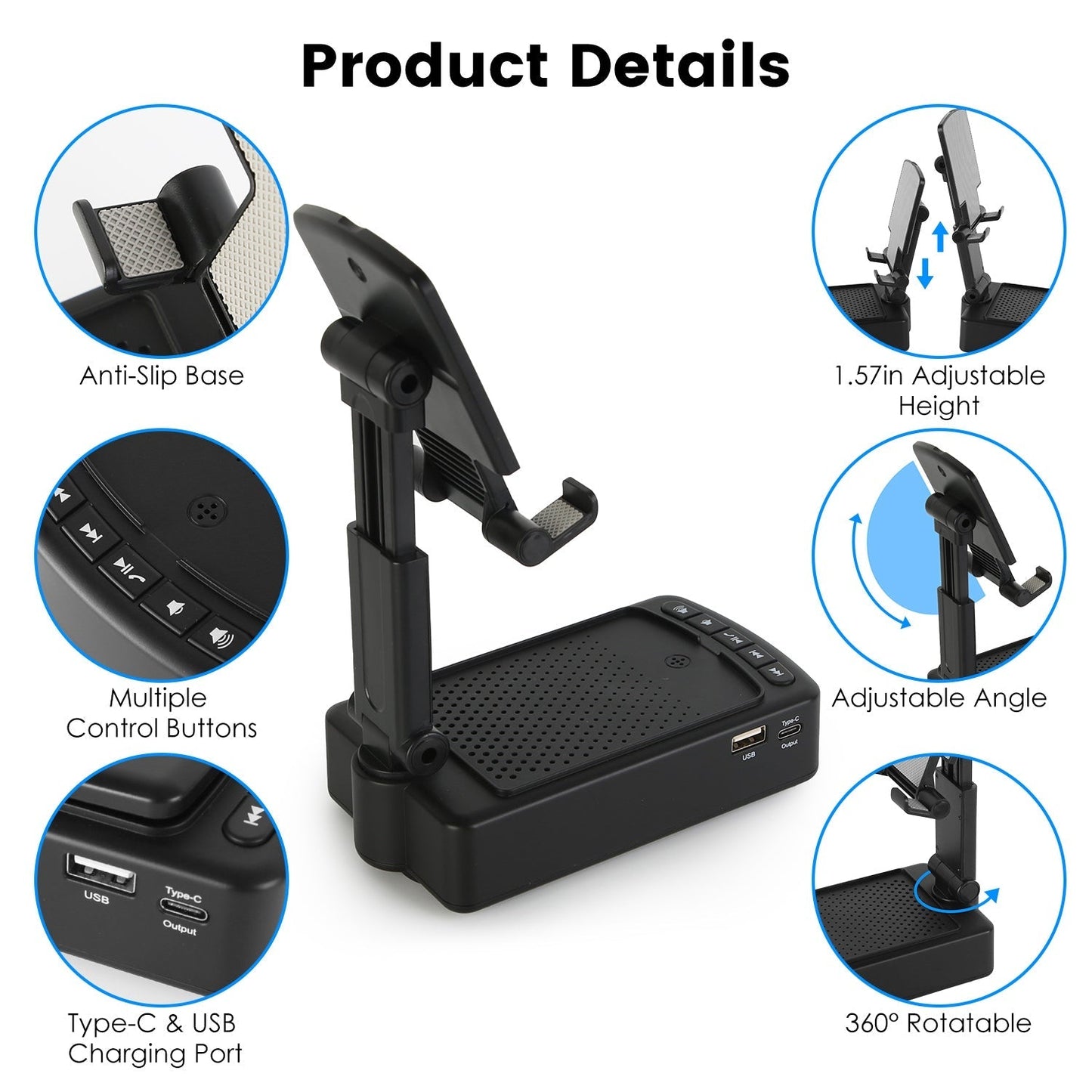 Portable Foldable Phone Stand with HD Wireless Speaker & Power Bank