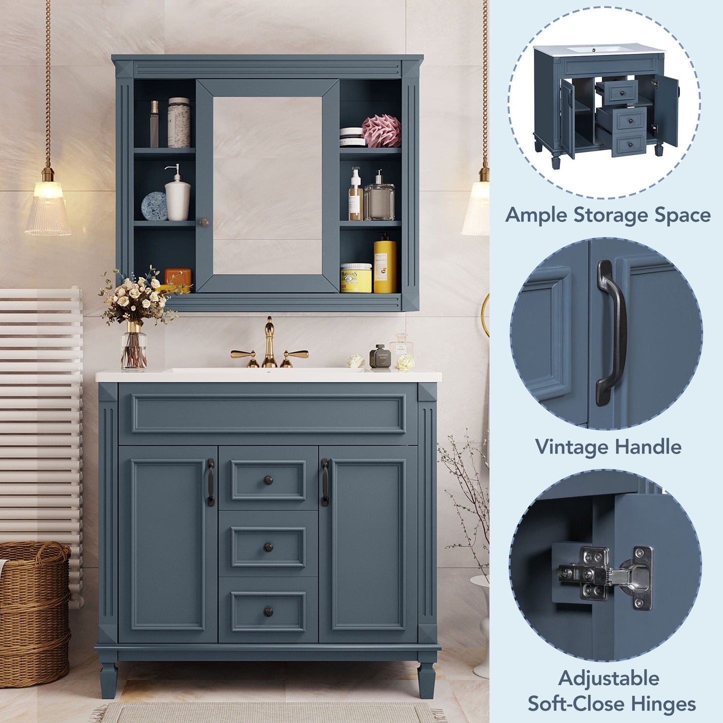 36" Bathroom Vanity With Ceramic Sink and Soft-Close Doors - Blue