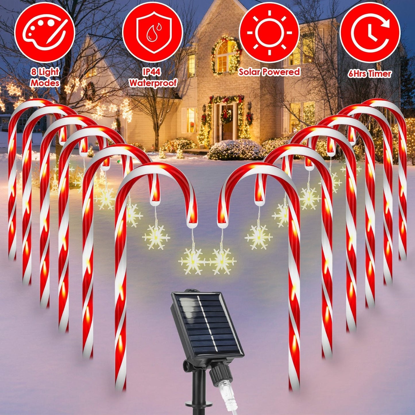 Solar Christmas Candy Cane Lights with 12 Candies 72LEDs Outdoor Christmas Decorations IP44 Waterproof Flickering Pathway Markers String Lights with 8
