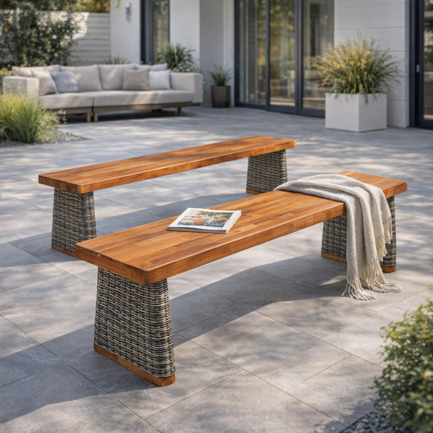 Outdoor Acacia Wood Bench Set of 2 with Teak Finish