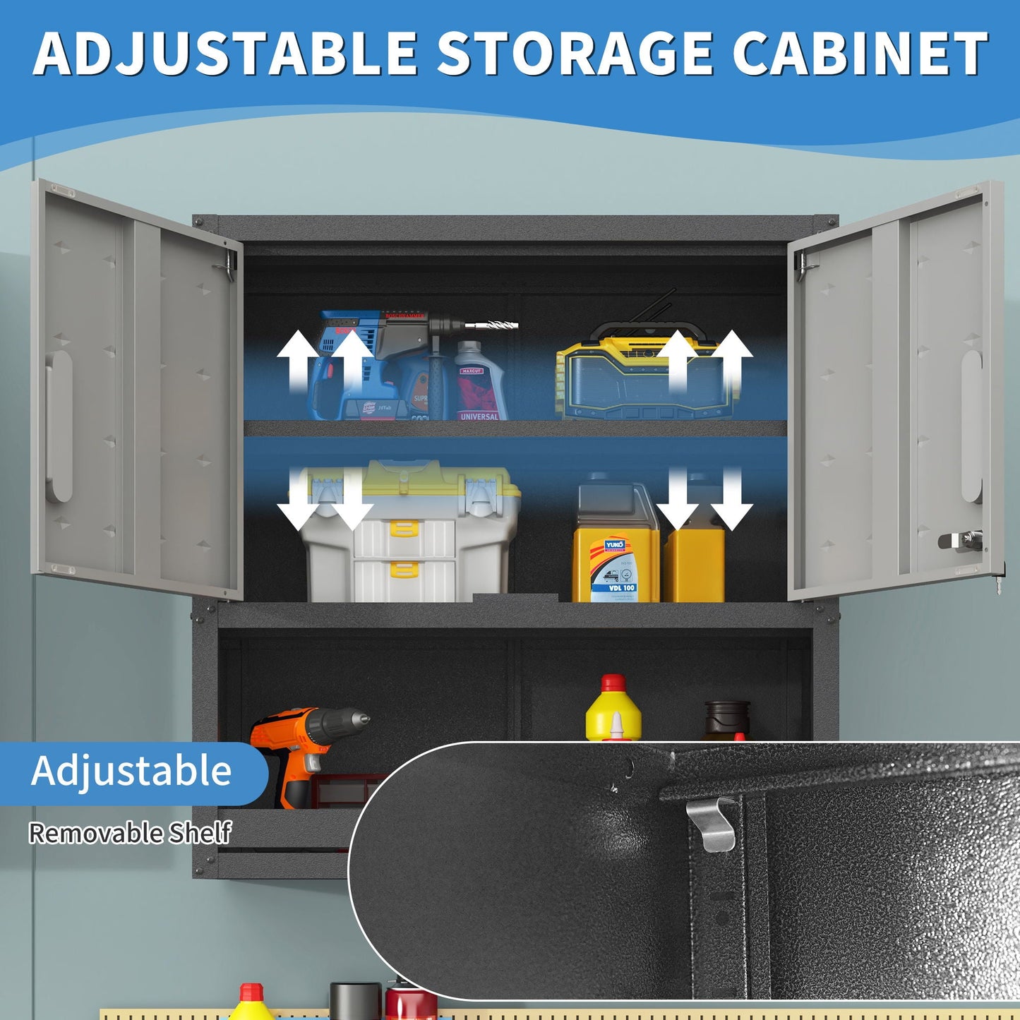 Metal Wall Mounted Tool Storage Cabinet With Locking Door, 1 Shelf & 1 Drawer