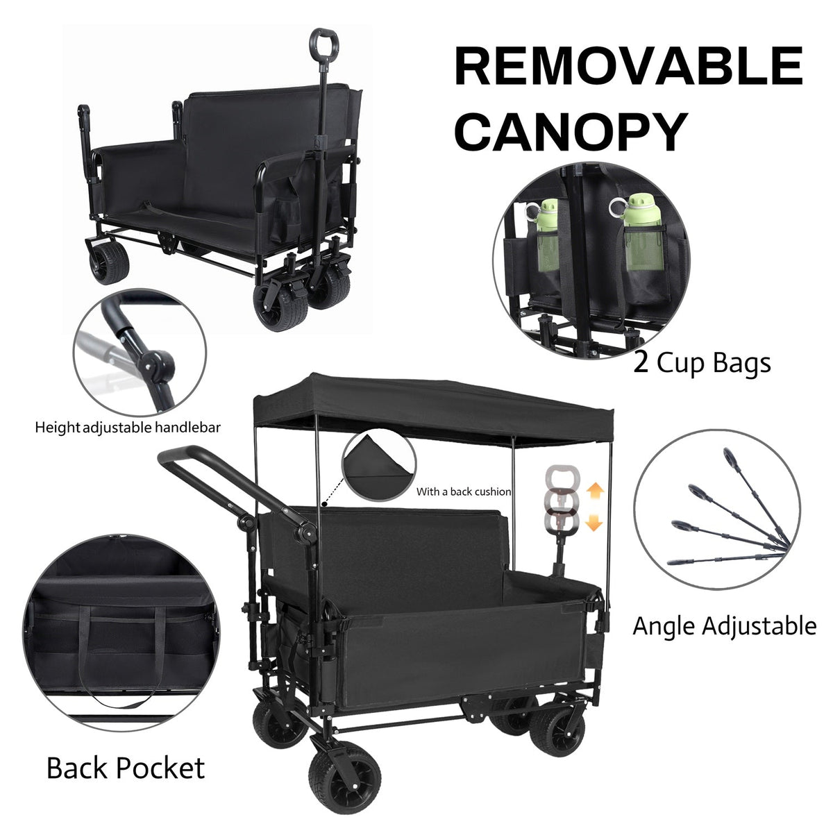 Folding Wagon Cart with Bench Seat & Canopy, 500lbs Capacity