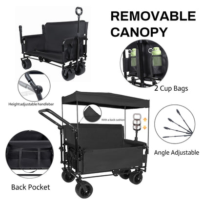 Folding Wagon Cart with Bench Seat & Canopy, 500lbs Capacity