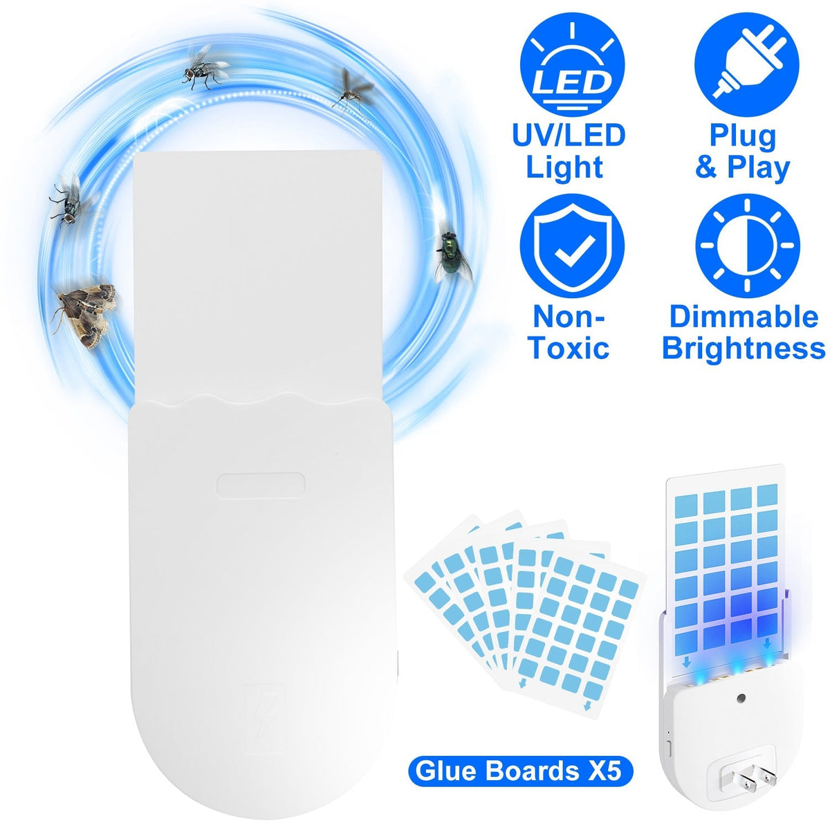 Plug-In Indoor Flying Insect Trap 5 Glue Boards UV Light Mosquito Killer With Night Light Dimmable Brightness Fly Odorless Safe Bug Zapper for Gnat Mo