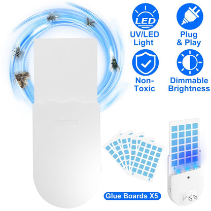 Plug-In Indoor Flying Insect Trap 5 Glue Boards UV Light Mosquito Killer With Night Light Dimmable Brightness Fly Odorless Safe Bug Zapper for Gnat Mo