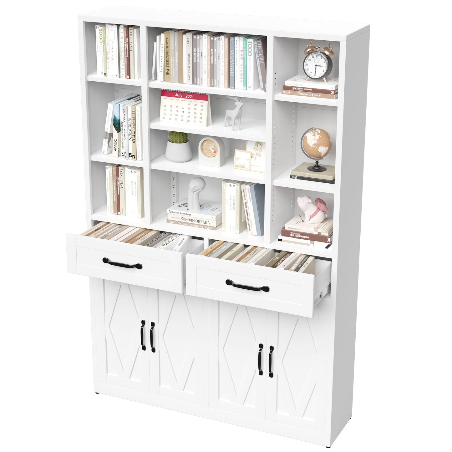 Industrial Bookcase Tall With Adjustable Shelves, Drawers & Doors