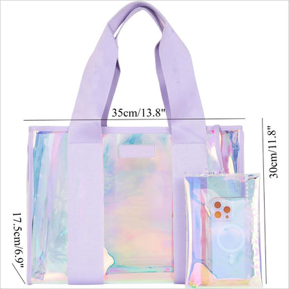PVC ladies handbag, transparent beach bag for women, large capacity waterproof tote bag with small pouch