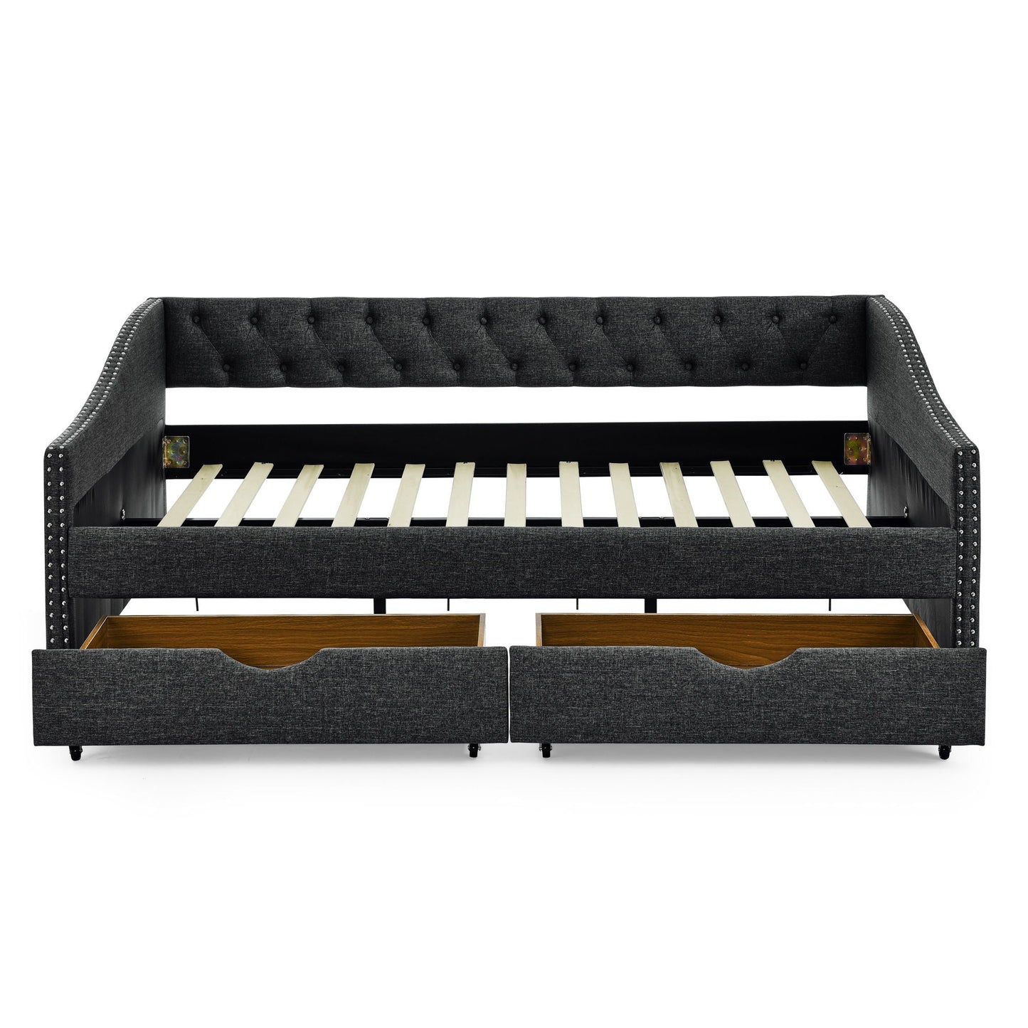 Upholstered Tufted Daybed With 2 Drawers, Waved Arms