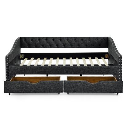 Upholstered Tufted Daybed With 2 Drawers, Waved Arms