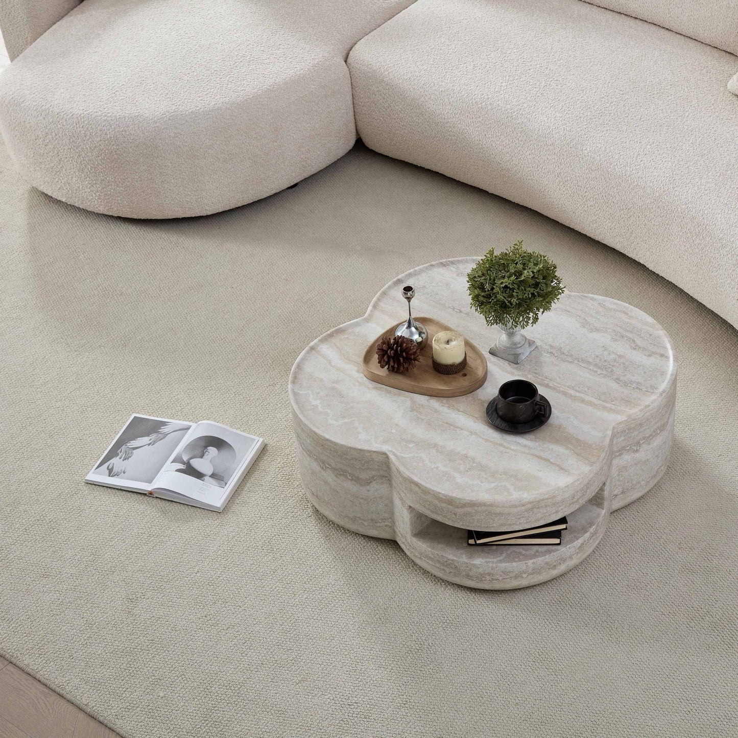 Clover Round Coffee Table With Open Storage - Marble