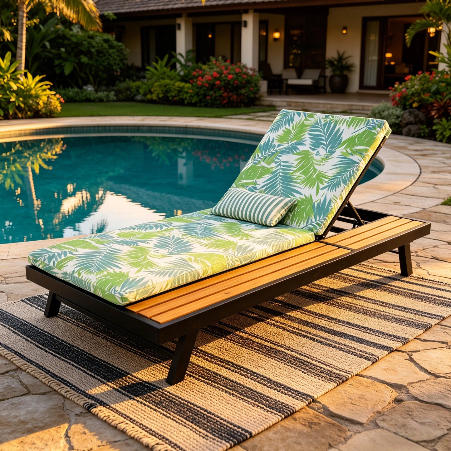 Black Iron + Teak Finish Outdoor Chaise Lounge Set with Leaf Coconut Cushion