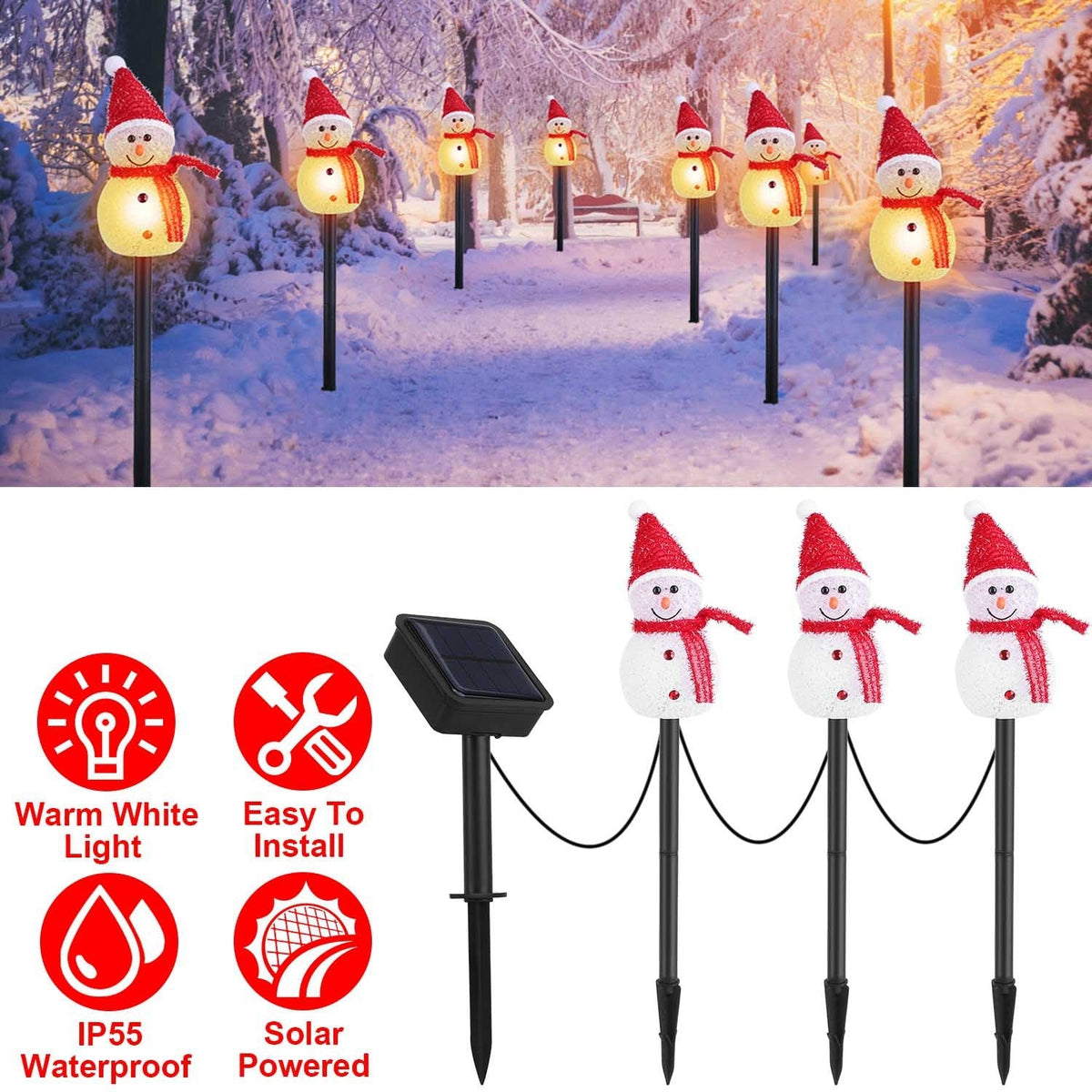 1Pc Solar Powered Lamp 3 Snowmen Outdoor Decorative Christmas Lamp Garden Stake Light IP55 Waterproof Santa Landscape Light Warm White LED Lighting Pa