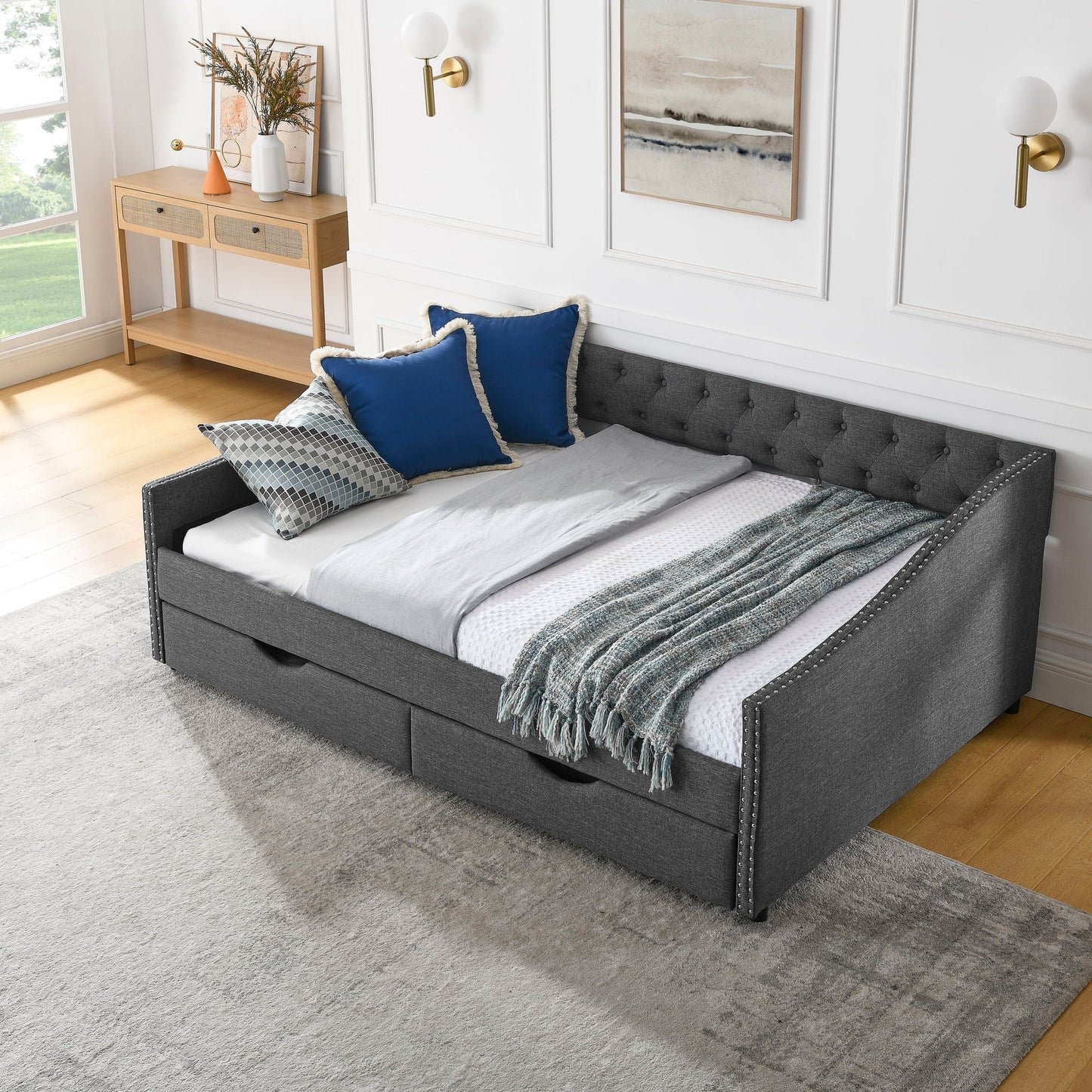 Upholstered Tufted Daybed With 2 Drawers, Waved Arms