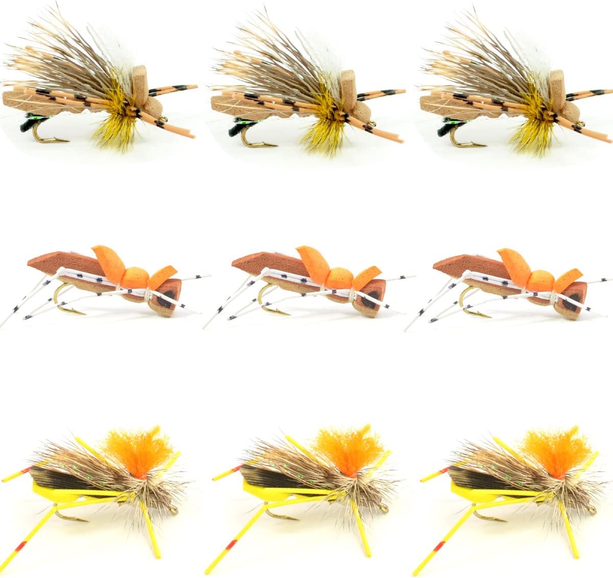 Grasshopper Trout Flies Assortment Foam Hoppers - 9 Flies Size 10