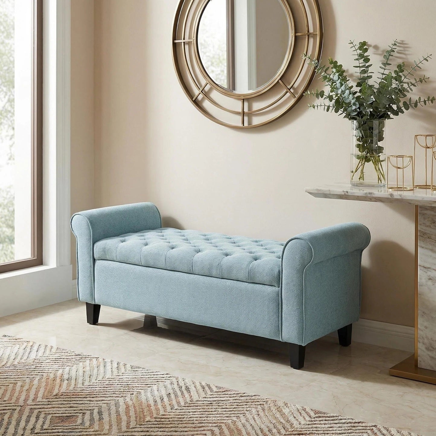 Light Blue Tufted Storage Bench