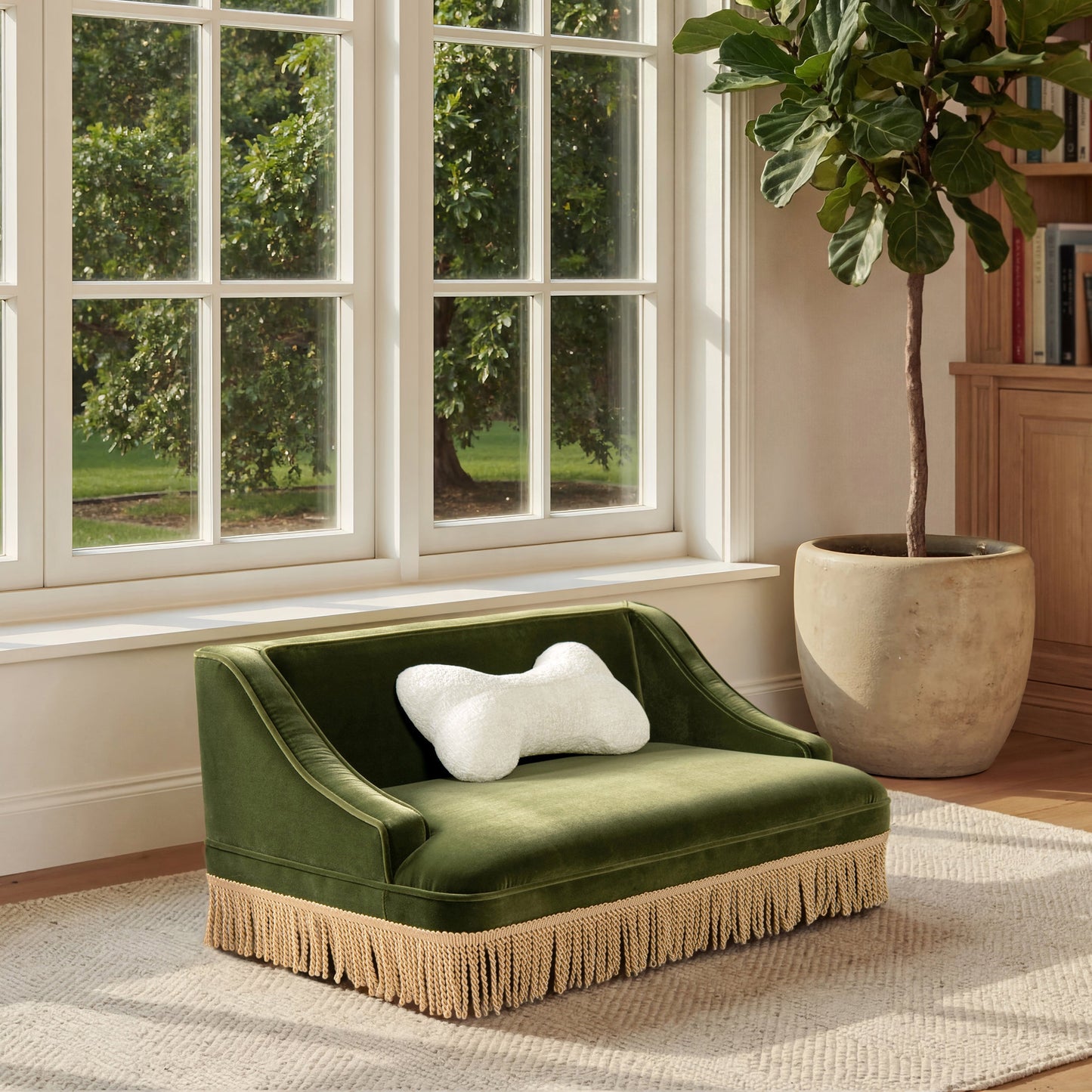 Duchess 33' Medium Princess Pet Bed Sofa with Fringe Skirt, Olive Green Velvet