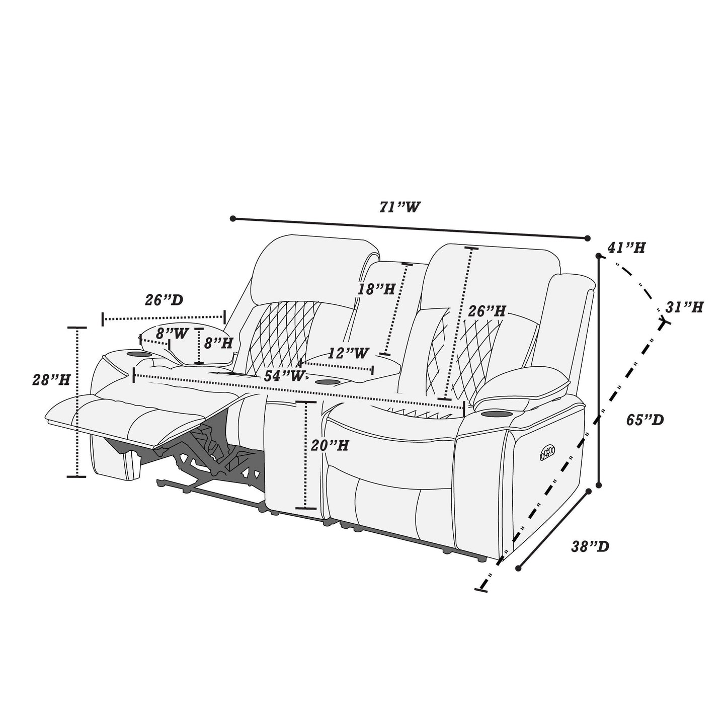 Power Motion Living Room Set With USB Port, Adjustable Headrest, Cup Holder