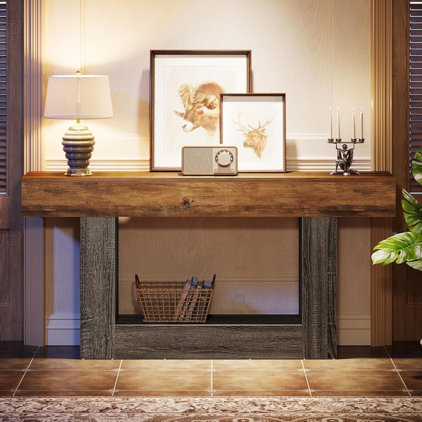 Console Table With 2 Tier Storage, U Shaped Base
