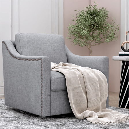 360 Degree Swivel Armchair, Skin Friendly Fabric, Ergonomic Design, Brass Nail Decorative Armchair