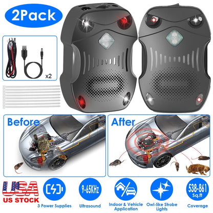 2 Pack Under Hood Ultrasonic Rodent Repeller Rodent Control Deterrent Chaser Blocker for Vehicle Indoor with Strobe Light 3 Power Supplies