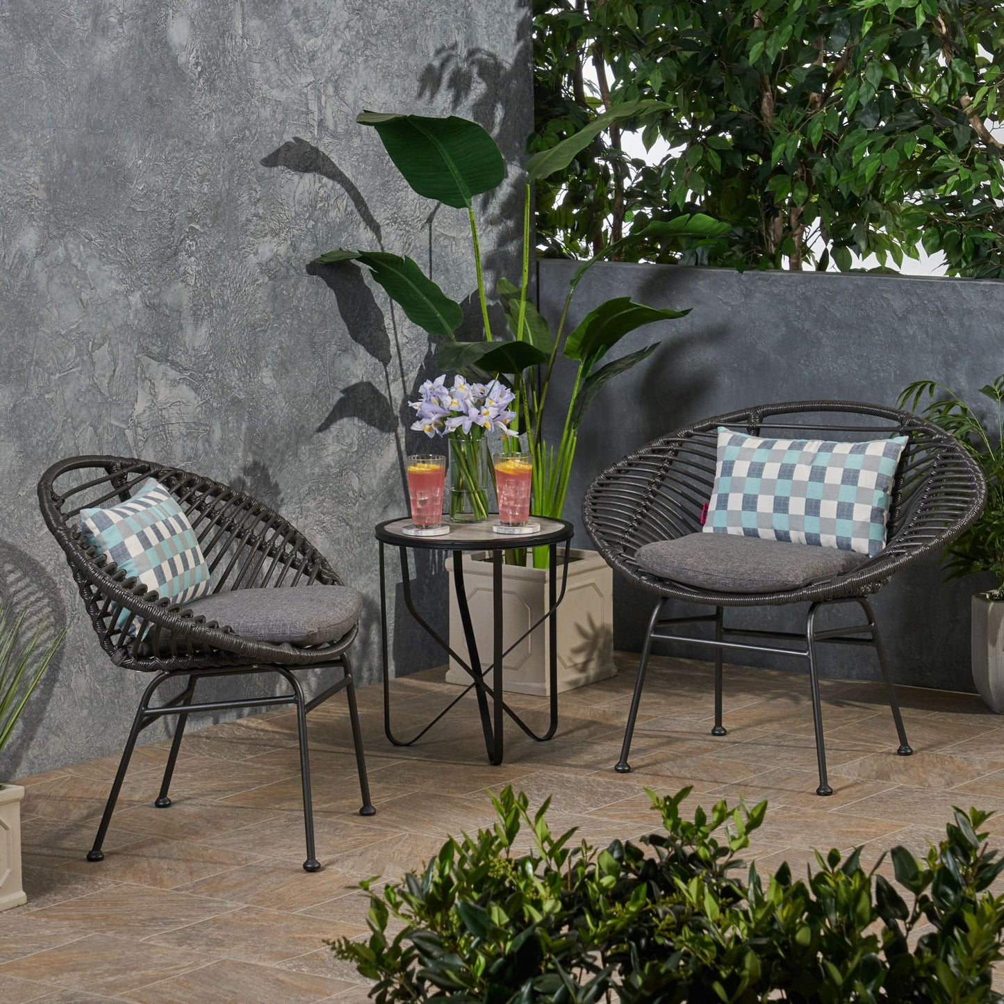 Cordella Outdoor Woven Wicker Chairs with Cushions, Set of 2