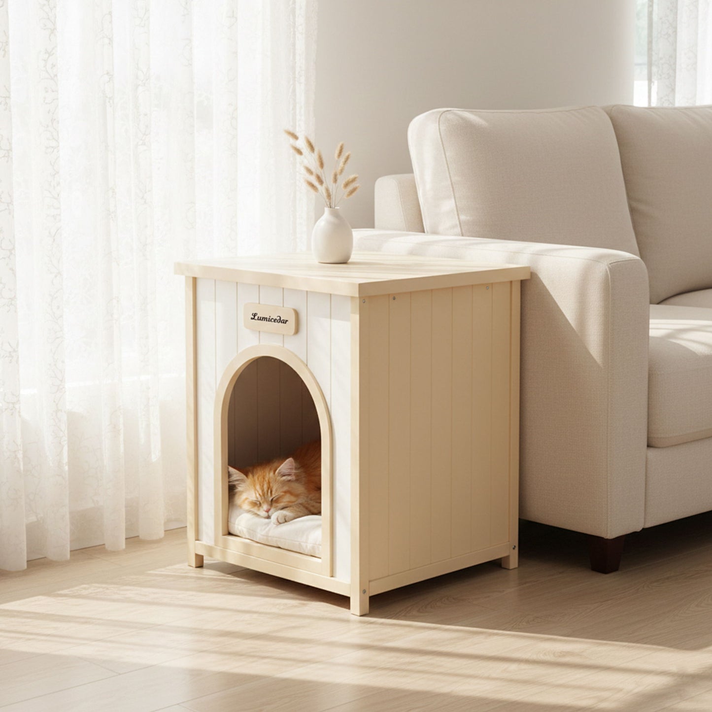 Indoor Dog House With Removable Cushion, Pet House For Cats & Small Dogs - Cream White / Light Yellow