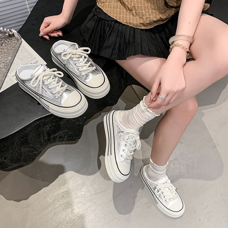 New Casual Breathable Mesh Closed Toe Mules, Versatile Lightweight Good-Looking White Slip-On Shoes For Women