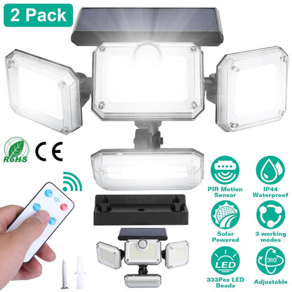 2 Pack Solar Powered Wall Lights IP44 Waterproof Motion Sensor Lights with 4 Adjustable Heads 333Pcs LED Beads 120¡ Sensing Angle Remote Control for Y