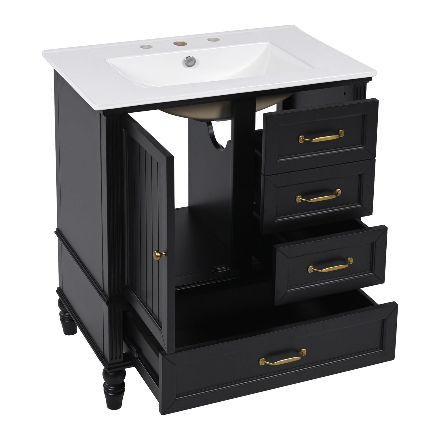 30" Bathroom Vanity With Sink, 3 Drawers, Adjustable Feet
