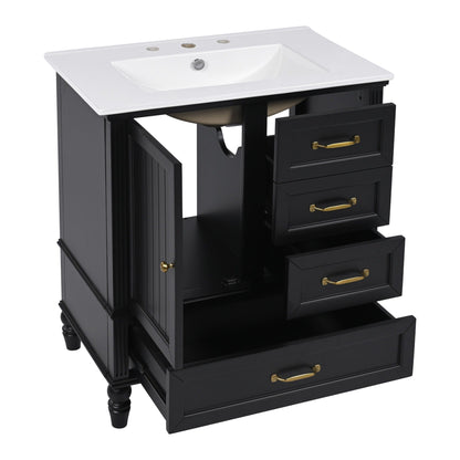 30" Bathroom Vanity With Sink, 3 Drawers, Adjustable Feet