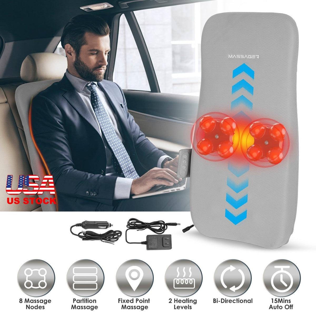 Full Back Massager With Rolling Kneading Nodes Soothing Heating 3D Deep Tissue Shiatsu Chair Massage Pad For Lumbar Upper Lower Back Gift For Women Me