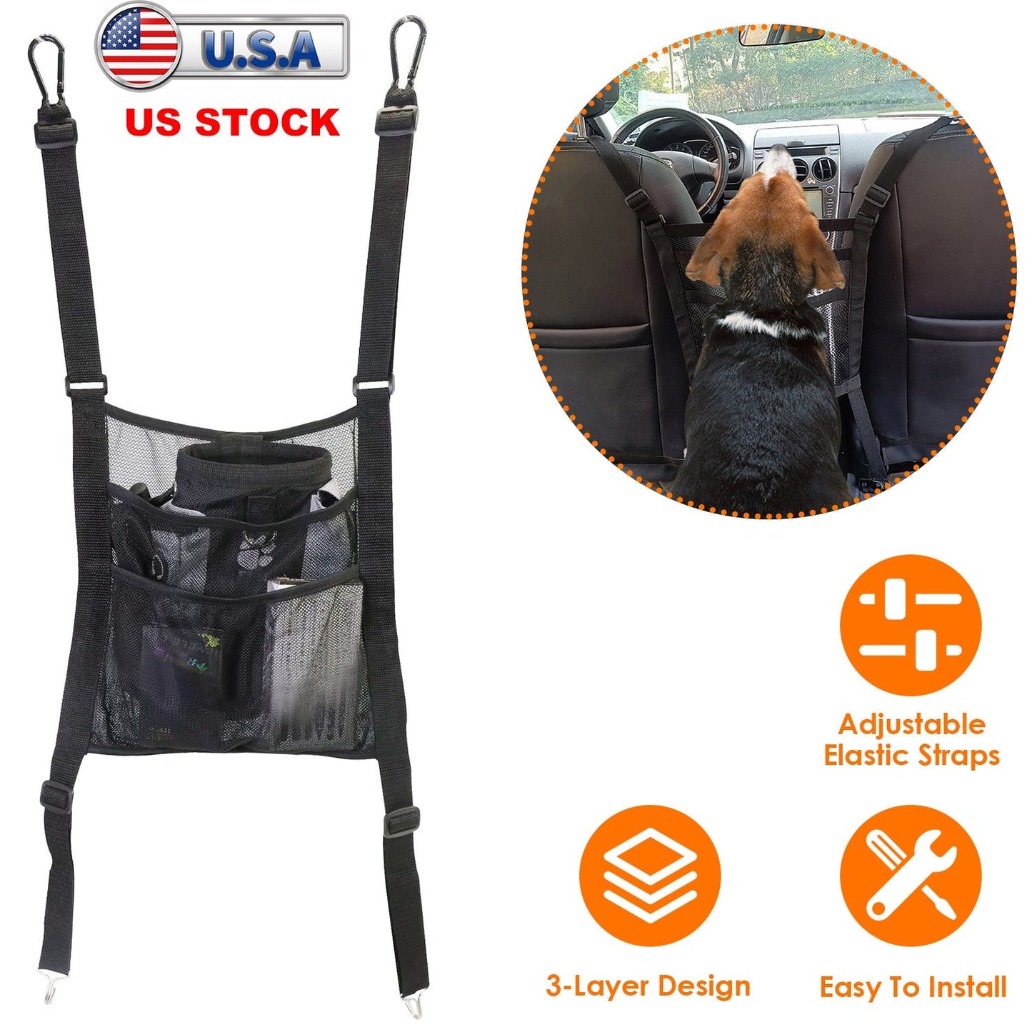 Car Mesh Organizer 3 Layer Seat Back Net Pocket Bag Cargo Elastic Tissue Purse Holder Driver Storage Netting Pouch Barrier of Backseat for Kids Pets
