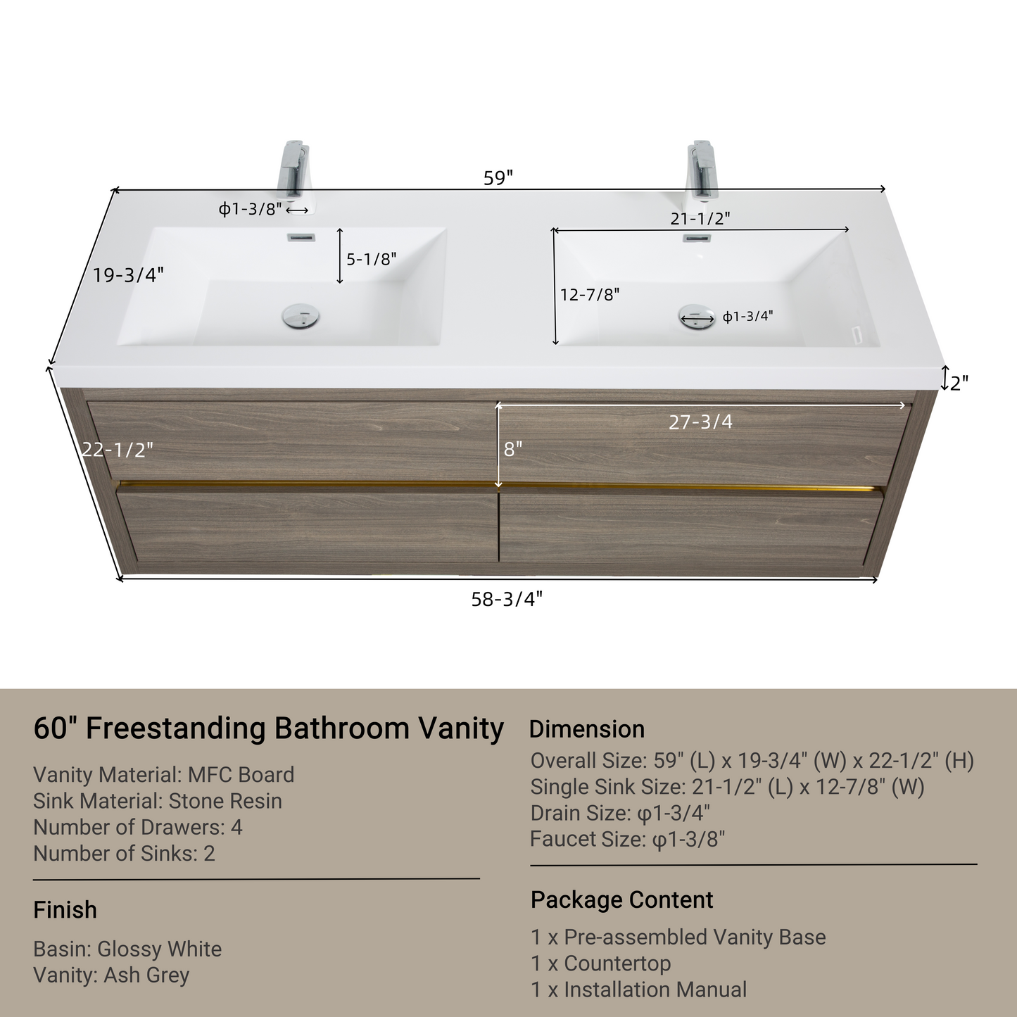 60" Wall-Mounted Bathroom Vanity with Double Sinks and Floating Storage