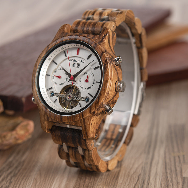 Business Flywheel Mechanical Multi-function Wooden Watch