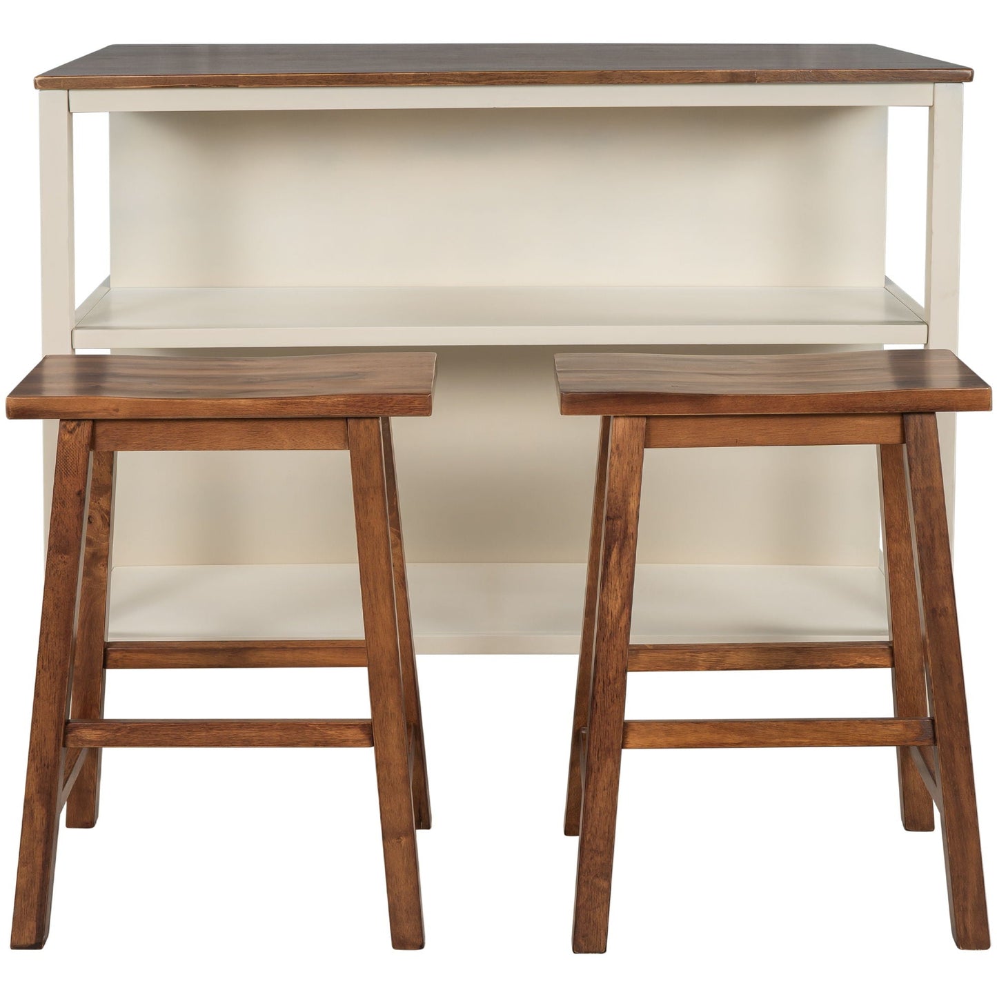 Rustic 3 Piece Stationary Kitchen Island Set With 2 Seatings, With 2 Open Shelves
