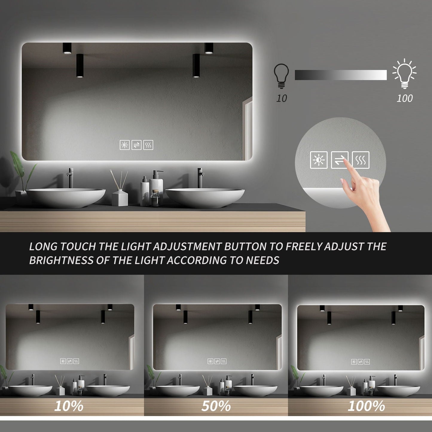 Wall Mounted Bathroom Full Length Makeup Mirror With 3 Color Lighting - Clear