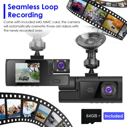WiFi FHD 1080P Car Dash Cam 3 Channels Front Rear Inside Dash Camera with Loop Recording Reversing Visual 170° Wide Angle 64G Card Included