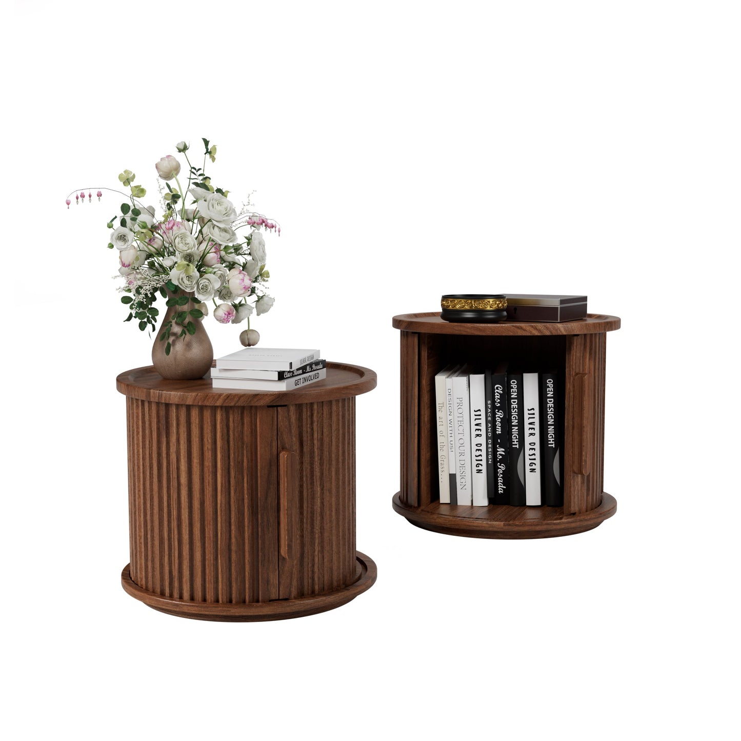 2Piece Round Coffee Table Set, Modern Nesting Side Tables with Sliding Door Storage