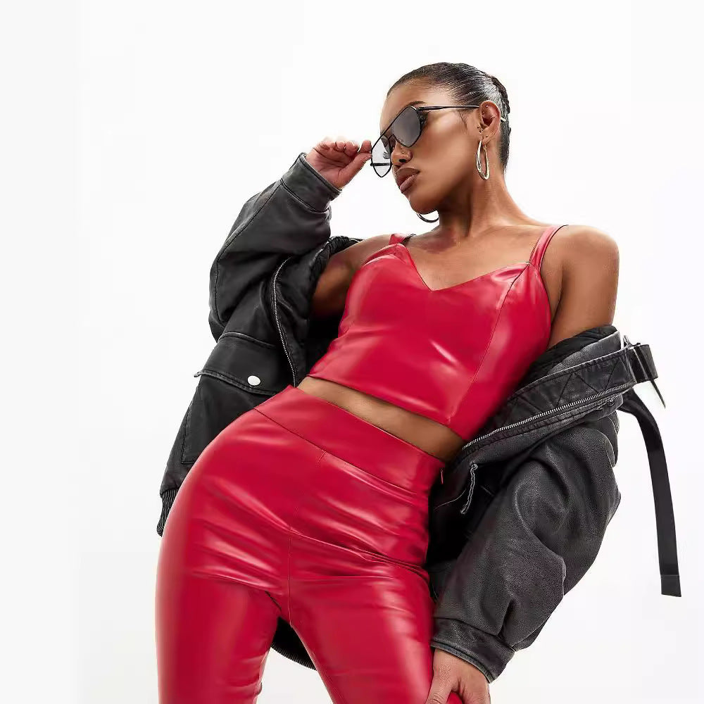 New sexy Red leather Flared Pants Women